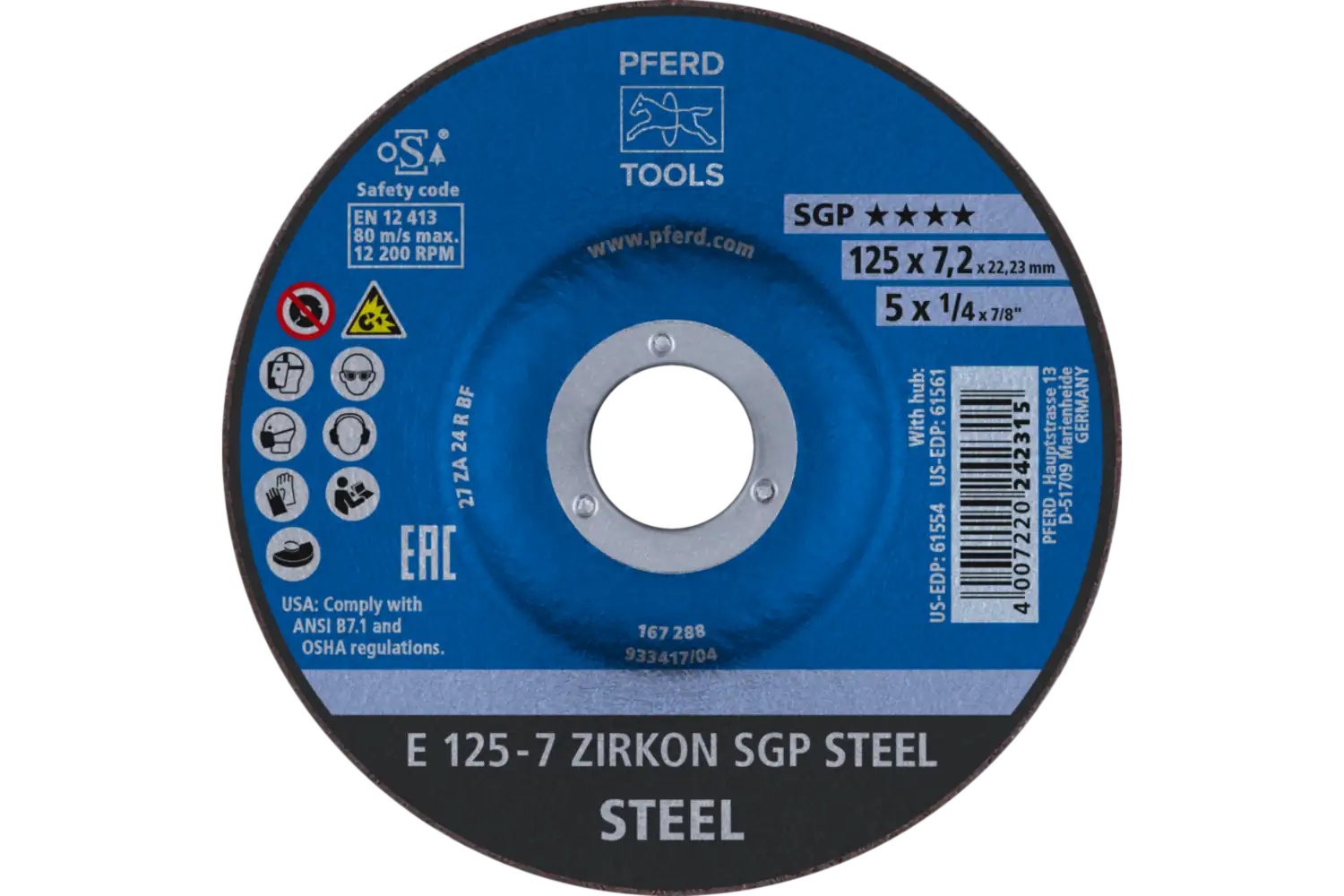 Picture of Pferd Grinding Wheel, 5" X 1/4 X 7/8, Sgp Zirkon Steel, T27, Ao, Sic
